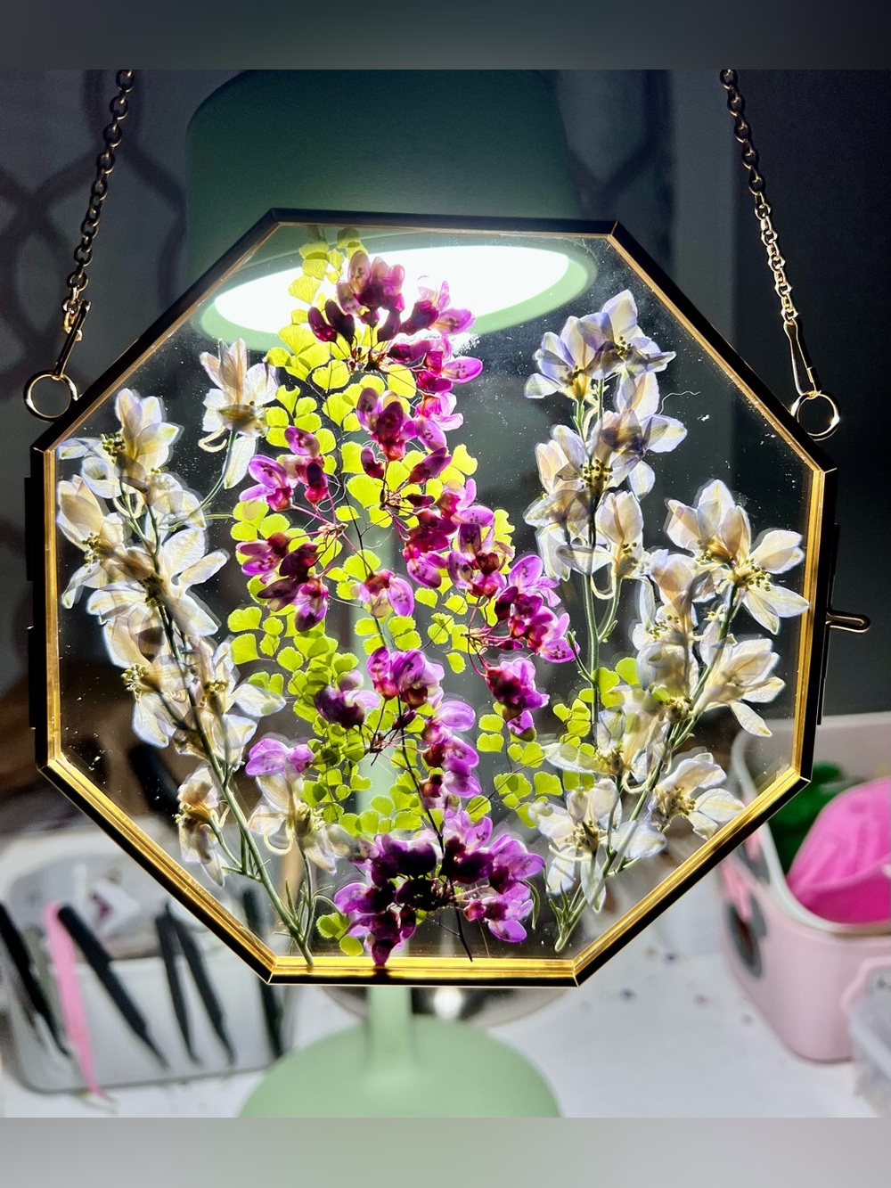 Octagonal Pressed Flower Glass Frame - Gold with Pink & White Blooms